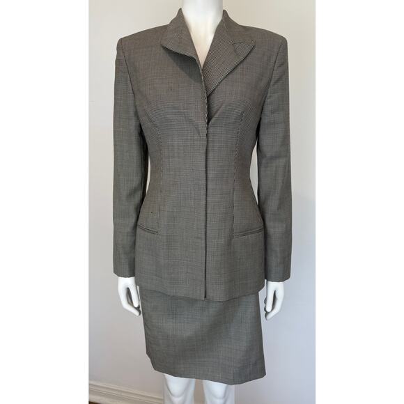 F/W 1998 Gianni Versace by Donatella Houndstooth Yellow Lined Draped Skirt Suit - Picture 1 of 11